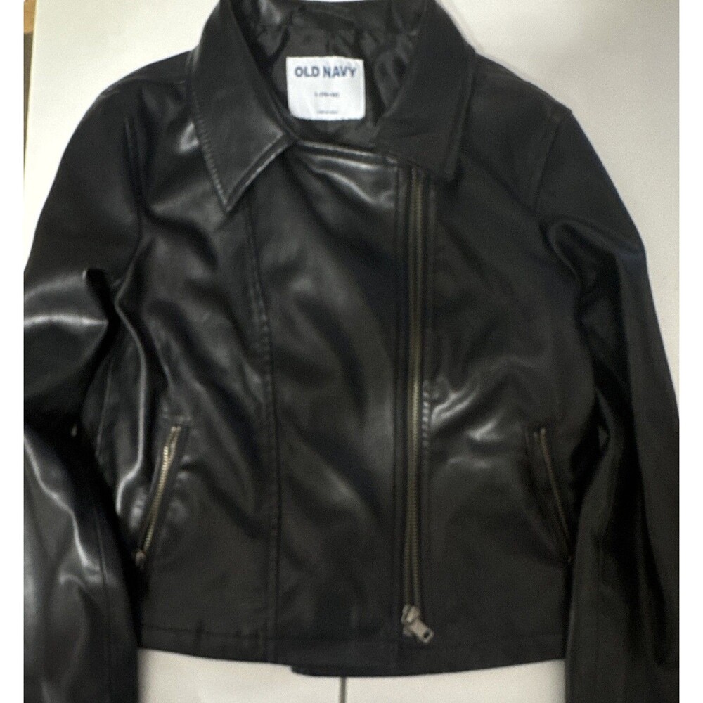 Old Navy Girls Black Faux Leather Biker Jacket L (10-12) Full Zip Lined